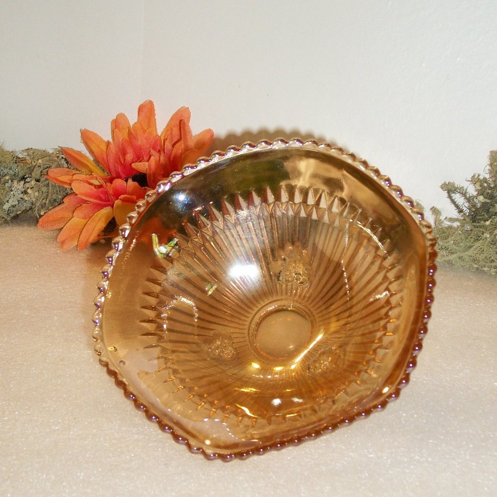 Iridescent Marigold Carnival Glass 3-Footed Dish Candy Bowl 6" Diameter